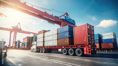Logistic import export background and transport industry concept. Container cargo freight ship during discharging at industrial port and move containers to container yard by trucks