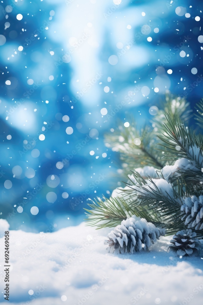 Close-up of pine branches covered in delicate frost, with snowflakes gently falling in a serene winter scene