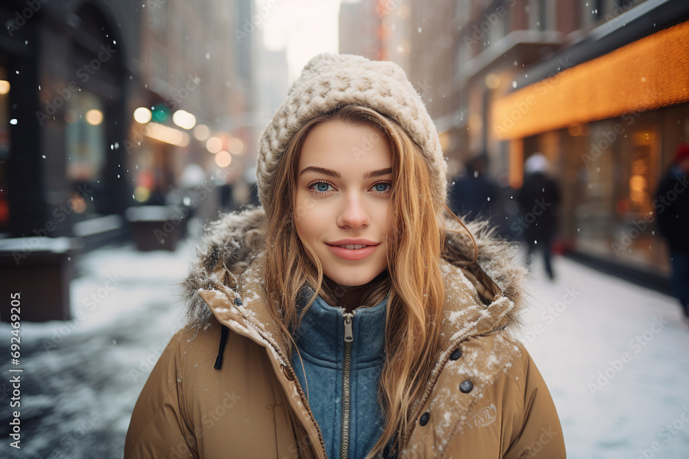 Generative ai picture of adorable girl walking at evening in the street cafe lights on background Generative ai picture of adorable girl walking at evening in the street cafe lights on background