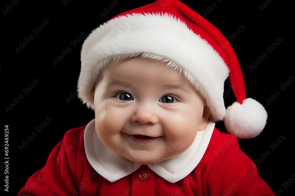 AI generated image of cute baby wearing red santa claus hat christmas tree bokeh lights dark background AI generated image of cute baby wearing red santa claus hat christmas tree bokeh lights dark background