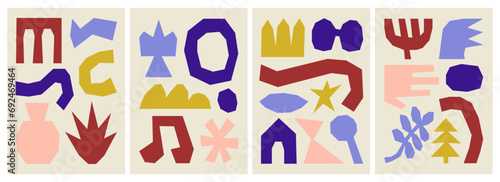 Set of abstract colorful decorative posters with cut-out shapes