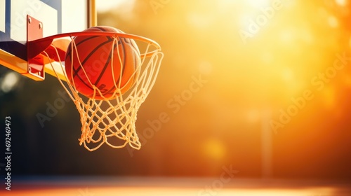 A close-up shot of a basketball hoop with a basketball just about to go through the net, with copy space © BOMB8