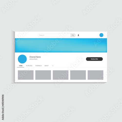 YouTube channel profile page mockup. UI UX template of website. Social media page for desktop. Vector Illustration mockup. photo