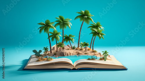 book with a tropical island with palm trees on top  blue background
