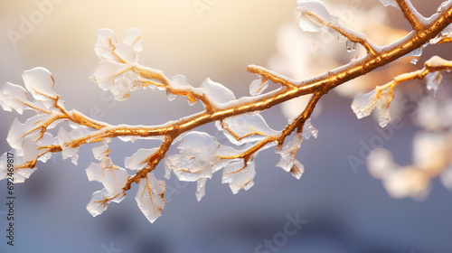 Golden ice crystals on a snowy branch