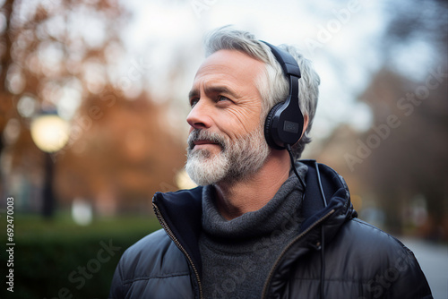 Happy handsome man in headphones walking in the park and listening to music generative ai © Tetiana