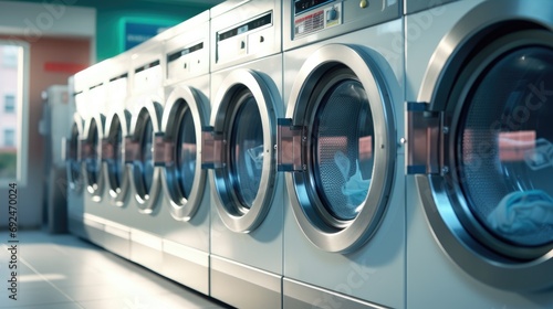 Multiple Industrial washing machines in laundry shop, washing with hot and cold water keeps clothes clean and trendy. A row of industrial washing machines in a public laundromat