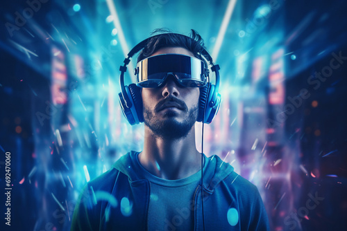 Generative AI picture of nice happy man enjoying listening to music on neon illuminated background