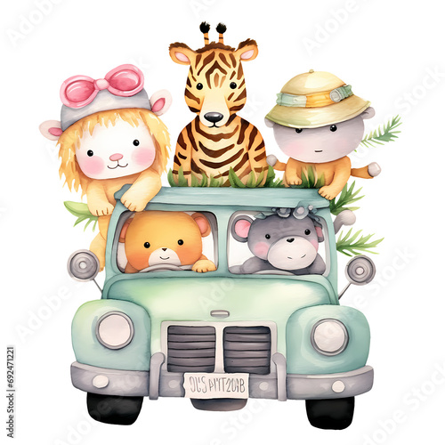 Cute Little Safari Animals In Car Watercolor Clipart Illustration