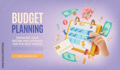 3d Budget Planning Managing Income and Expenses for Next Month Placard Poster Banner Card Template Cartoon Style. Vector illustration