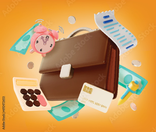 3d Business Investment and Management Concept Background Cartoon Style . Vector illustration of Briefcase and Floating Objects Around