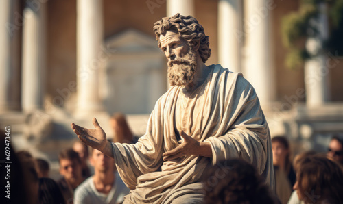 Ancient Philosopher Statue Delivering a Speech in Front of a Classical Greek Architecture with an Audience Listening Intently