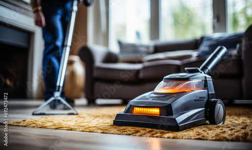 Professional carpet cleaning service in action with a worker using a steam cleaner to deep clean a beige carpet in a modern living room setting