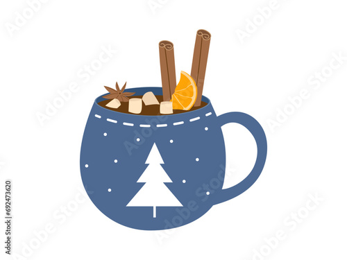 Hot drink in cup with marshmallows, cinnamon and orange. Winter cozy warm drink in mug. Christmas vector illustration