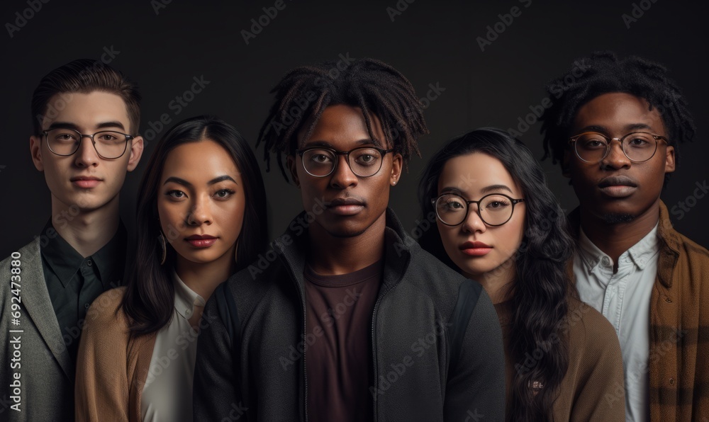 Diverse group of young adults with serious expressions, standing close together against a dark background. Diverse group of young adults with serious expressions, standing close together against a dark background.