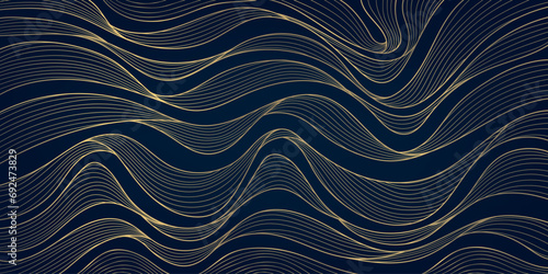 Vector abstract golden line background, luxury wave curve design, ribbon art deco texture. Ocean, river flow ornament.