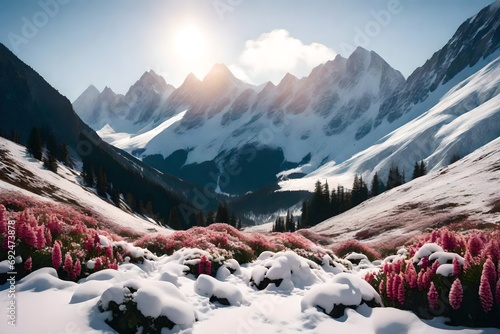 Snowy mountain peaks framing a valley filled with hardy winter flowers, illustrating the harmonious blend of cold elegance and the tenacity of nature's blooms