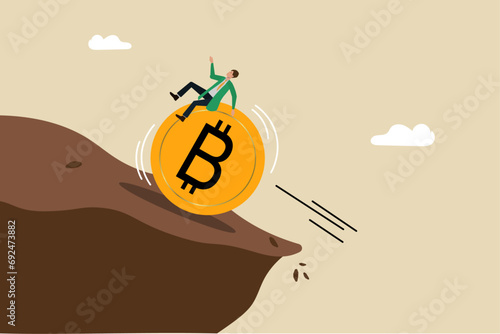 Bitcoin price crash, cryptocurrency risk, fluctuation or volatility, crypto crisis or panic sales, The Bitcoin trader is about to fall out of the valley