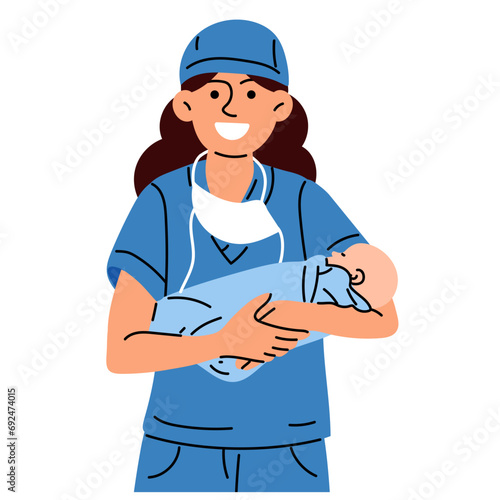 A midwife or a doctor with a newborn. A woman nurse, doctor or midwife smiles in a blue uniform, standing holding a newborn boy in her arms in a maternity hospital vector illustration. Baby