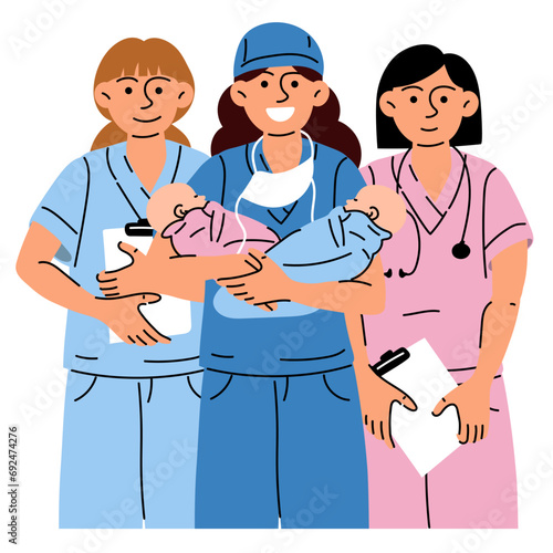 Midwives, medical workers who hold babies and documents. Medical uniforms of twin nurses, children in blue and pink. After giving birth, to be discharged. Group of nurses in colored uniforms, banner