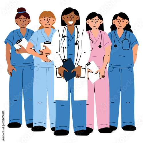 A group of medical workers in colored uniforms with documents and in a white coat. Nurse, doctor, midwife. Medical uniform. A group of diverse women in full-length colored uniforms for a banner