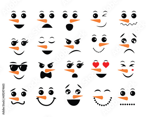 Cute snowman face vector set