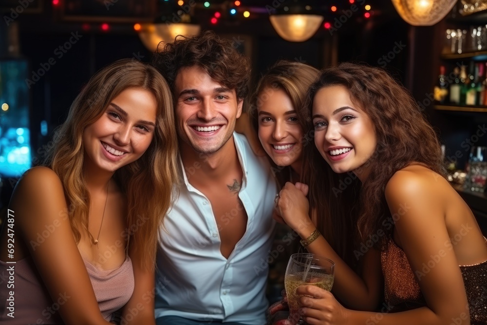 A man and three women at a party. New year celebration
