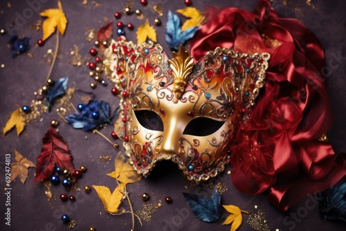 Festive venetian carnival mask on gray background, new year celebration © Lubos Chlubny