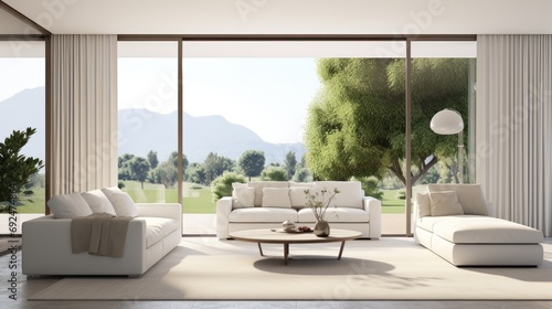 White minimalist living room interior with sofa  green landscape in window.