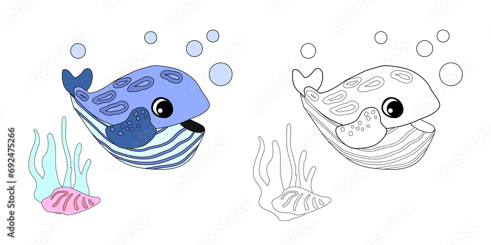 Coloring book Striped whale with shells, bubbles and algae in the ocean. For posters, prints on clothes.