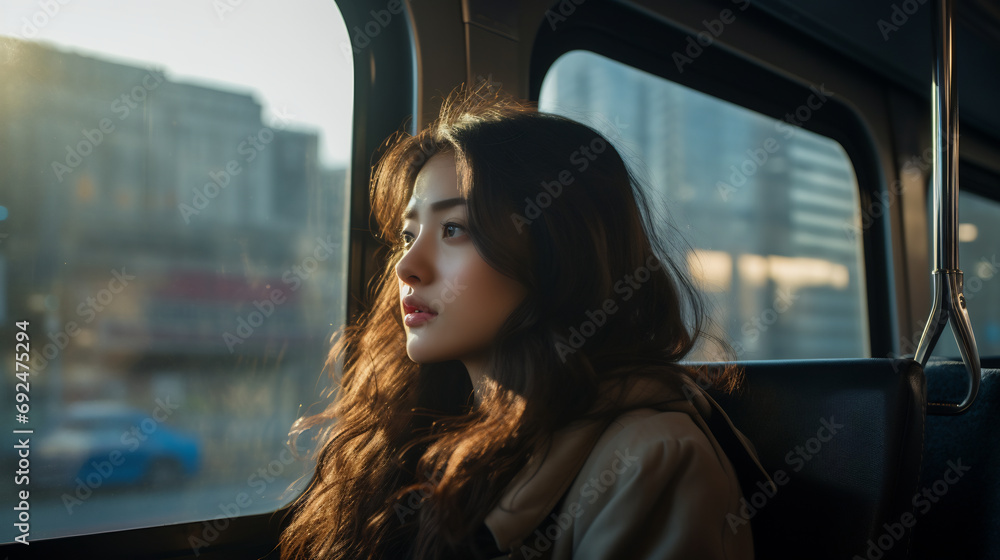 Young beautiful woman sitting on a city bus on sunny morning, young female passenger riding on public transportation Young beautiful woman sitting on a city bus on sunny morning, young female passenger riding on public transportation