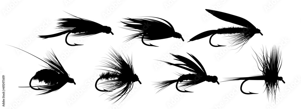 Fly fishing flies. Silhouette set of fly. Vector illustration - obrazy, fototapety, plakaty 