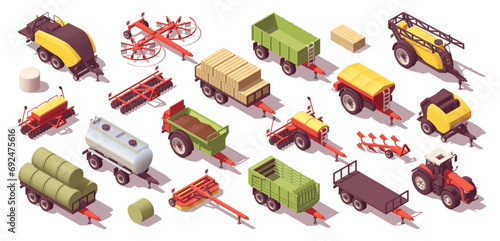 Isometric agricultural equipment. Trailer, sprayer, baler, seeder, mower and other. Vector illustration