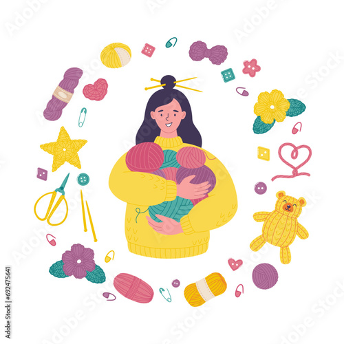 Knitting hobby. Smiling young woman with yarn skeins in her hands surrounded by knitting craft accessories. Hand crafting hobby. Vector flat style illustration of handmade hobby