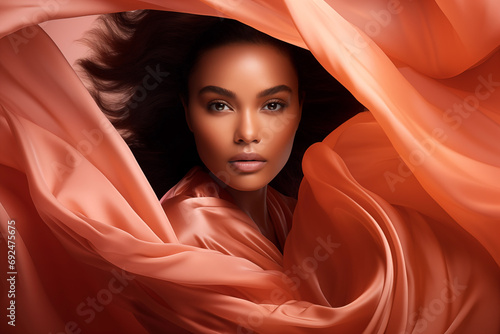 peach fuzz elegance, sophisticated african american model, pantone, peach fuzz, ai-generated image