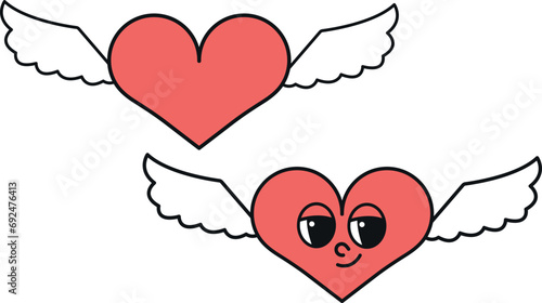 set of two hearts with wings isolated on transparent background. st valentines day angel flying hearts in groovy retro hippie style. cute cartoon old style hearts