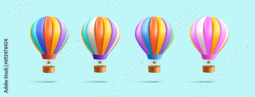 Hot Air Balloon with basket 3d render illustration, set of aerostats in different colour, soft render cartoon graphic, isolated