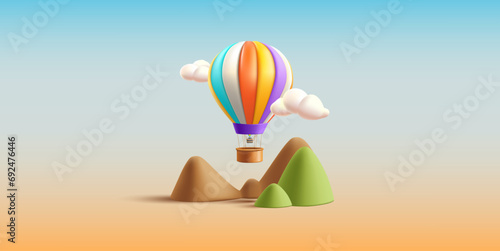 Hot Air Balloon with basket 3d render illustration flying above the mountains in the sky with clouds, render cartoon composition