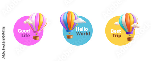 Hot Air Balloon with basket 3d render illustration in the clouds, set of round stickers or labels, isolated