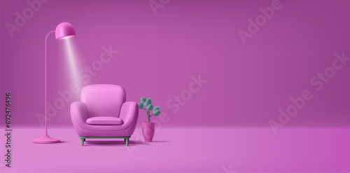 3d render illustration of armchair with lamp and home plant, purple interior modern monochrome design