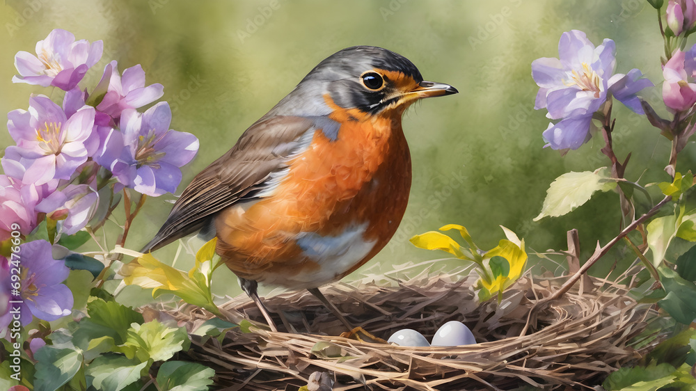 Watercolor illustration of a robin and a nest with eggs in spring.Generative AI. Watercolor illustration of a robin and a nest with eggs in spring.Generative AI.