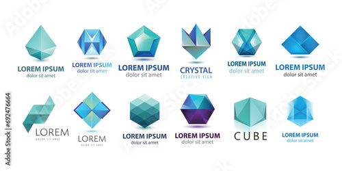 Vector set of abstract logo design, geometric technology icons, business 3d shapes collection. Origami, crystal forms and emblems.