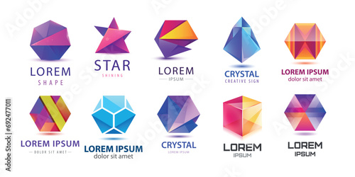 Vector set of abstract logo design, geometric technology icons, business 3d shapes collection. Origami, crystal forms and emblems.