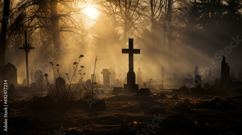 Cemetery, graveyard in the morning, sun shines through fog