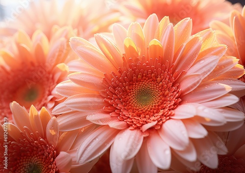 Close up macro shot flowers in peach fuzz color. 2024 year of the color concept. Gerbera, chrysanthemum pattern in flowers garden