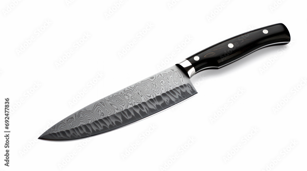 Knife with multi-layered damascus blade on white background Knife with multi-layered damascus blade on white background