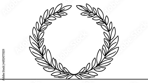 Laurel wreath one line art. Continuous line drawing of festive, solemn wreath with ribbons