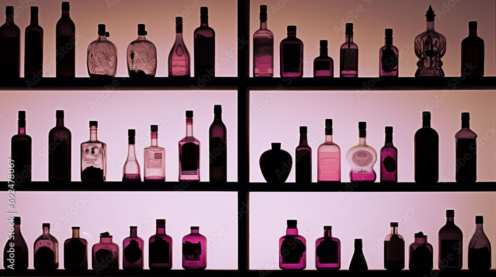 Rows of bottles sitting on shelf in a bar, purple light Rows of bottles sitting on shelf in a bar, purple light