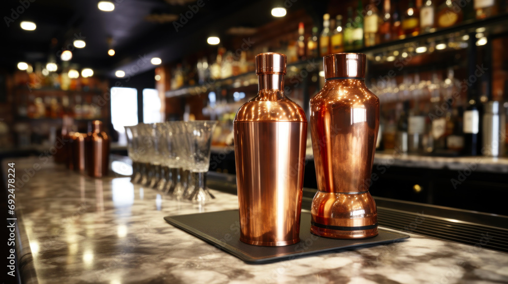 Classic marble bar counter with copper shakers and glassware Classic marble bar counter with copper shakers and glassware