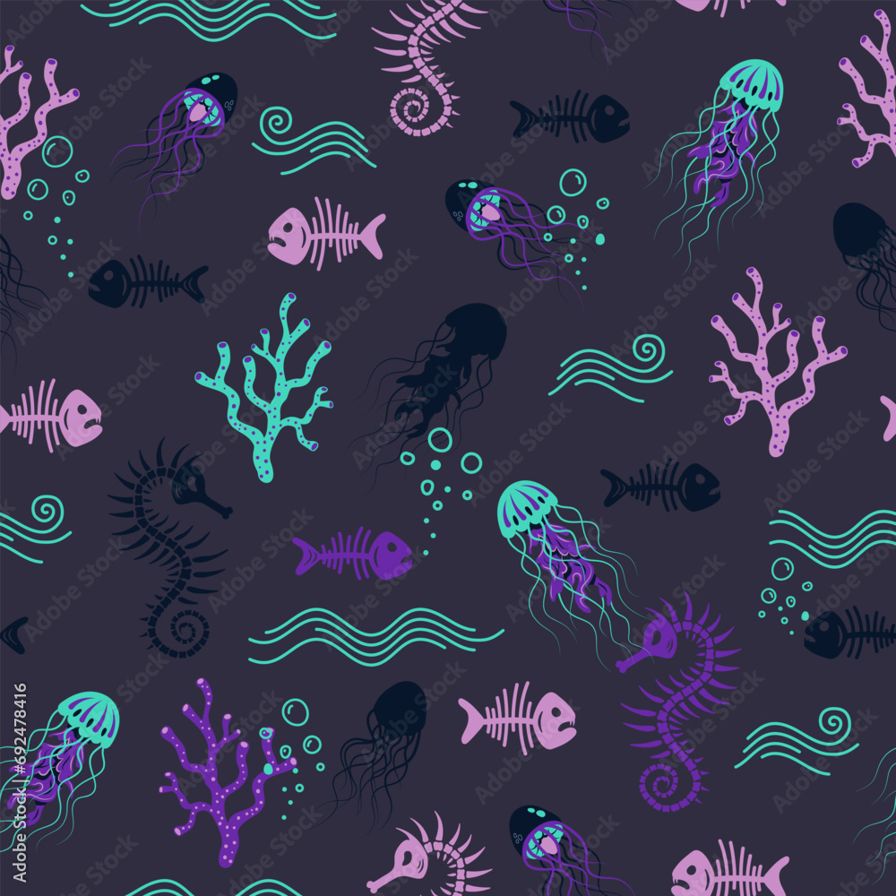 Vector seamless pattern on a dark blue background with underwater sea creatures: fish, seahorses, jellyfish, corals